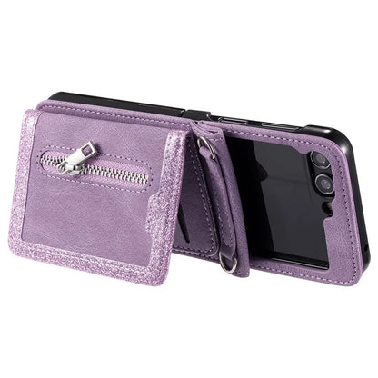 For Samsung Galaxy Z Flip5 5G Case Kickstand Card Holder Phone Leather Cover with Hand Strap