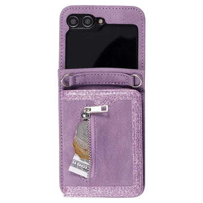 For Samsung Galaxy Z Flip5 5G Case Kickstand Card Holder Phone Leather Cover with Hand Strap