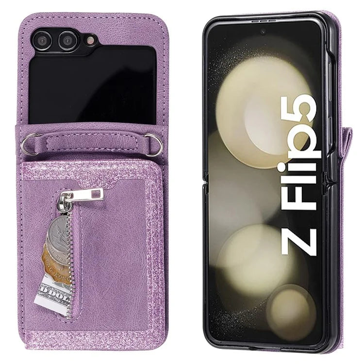 For Samsung Galaxy Z Flip5 5G Case Kickstand Card Holder Phone Leather Cover with Hand Strap