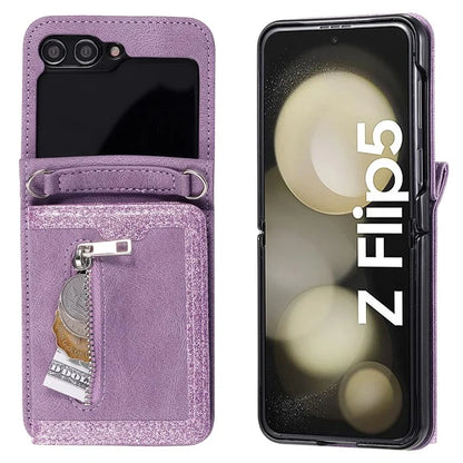 For Samsung Galaxy Z Flip5 5G Case Kickstand Card Holder Phone Leather Cover with Hand Strap