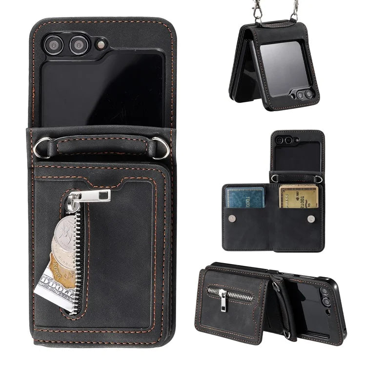 For Samsung Galaxy Z Flip5 5G Case Zipper Pocket Leather Cover with Hand Strap and Shoulder Strap