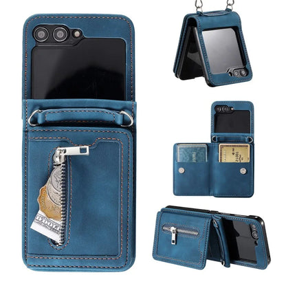 For Samsung Galaxy Z Flip5 5G Case Zipper Pocket Leather Cover with Hand Strap and Shoulder Strap
