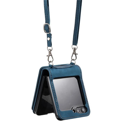 For Samsung Galaxy Z Flip5 5G Case Zipper Pocket Leather Cover with Hand Strap and Shoulder Strap