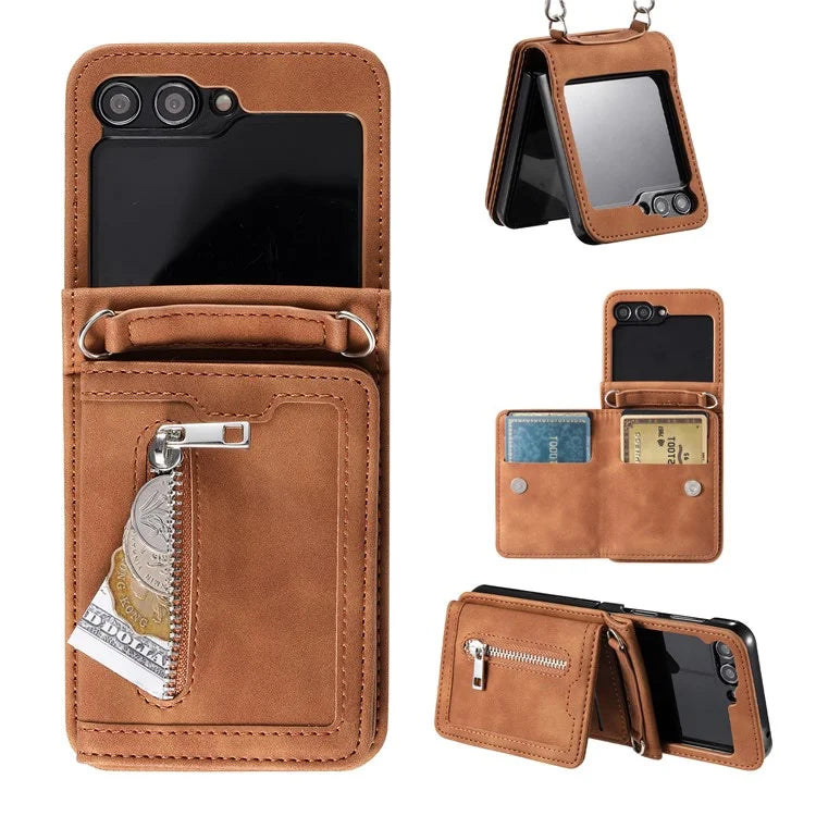 For Samsung Galaxy Z Flip5 5G Case Zipper Pocket Leather Cover with Hand Strap and Shoulder Strap