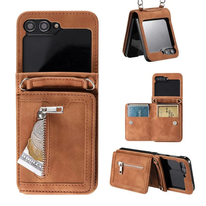 For Samsung Galaxy Z Flip5 5G Case Zipper Pocket Leather Cover with Hand Strap and Shoulder Strap