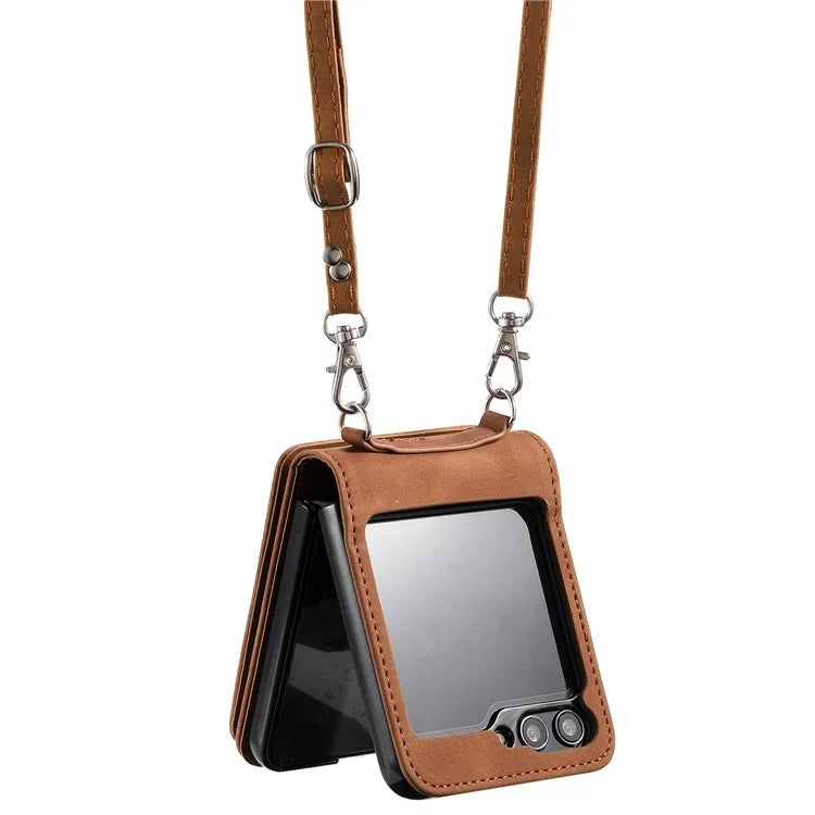 For Samsung Galaxy Z Flip5 5G Case Zipper Pocket Leather Cover with Hand Strap and Shoulder Strap
