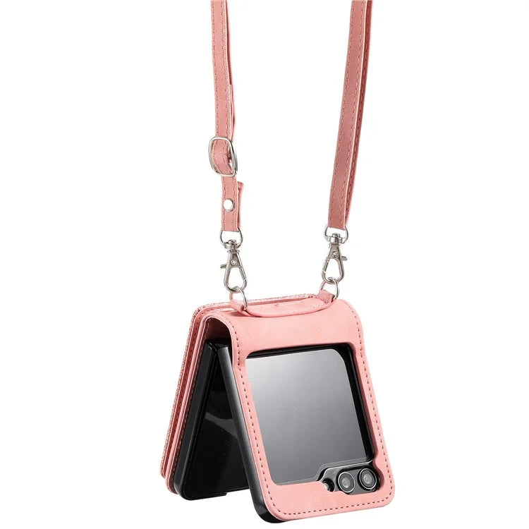 For Samsung Galaxy Z Flip5 5G Case Zipper Pocket Leather Cover with Hand Strap and Shoulder Strap