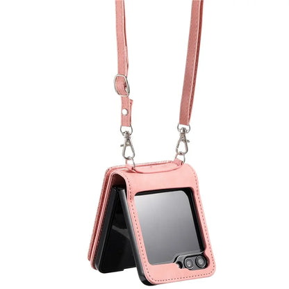 For Samsung Galaxy Z Flip5 5G Case Zipper Pocket Leather Cover with Hand Strap and Shoulder Strap