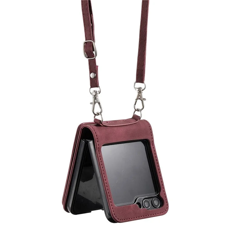 For Samsung Galaxy Z Flip5 5G Case Zipper Pocket Leather Cover with Hand Strap and Shoulder Strap