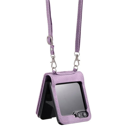 For Samsung Galaxy Z Flip5 5G Case Zipper Pocket Leather Cover with Hand Strap and Shoulder Strap