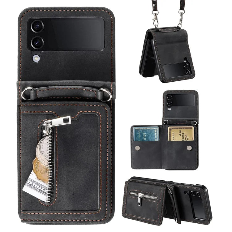 For Samsung Galaxy Z Flip4 5G Kickstand Case Zipper Pocket Leather Cover with Hand Strap and Shoulder Strap