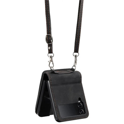 For Samsung Galaxy Z Flip4 5G Kickstand Case Zipper Pocket Leather Cover with Hand Strap and Shoulder Strap