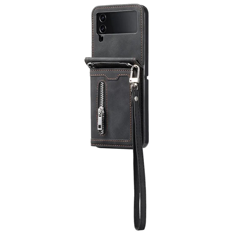 For Samsung Galaxy Z Flip4 5G Kickstand Case Zipper Pocket Leather Cover with Hand Strap and Shoulder Strap