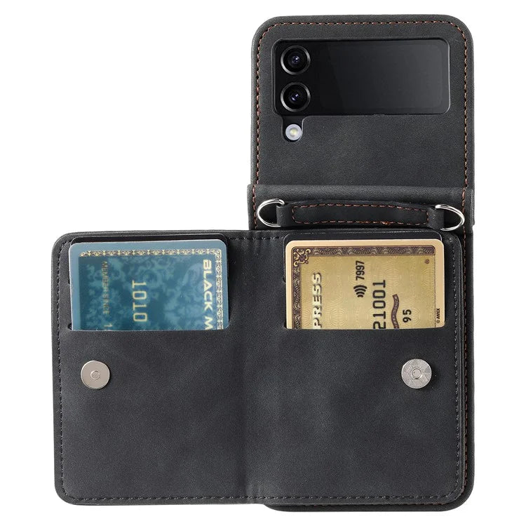 For Samsung Galaxy Z Flip4 5G Kickstand Case Zipper Pocket Leather Cover with Hand Strap and Shoulder Strap