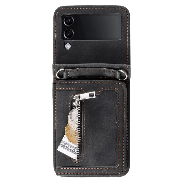 For Samsung Galaxy Z Flip4 5G Kickstand Case Zipper Pocket Leather Cover with Hand Strap and Shoulder Strap