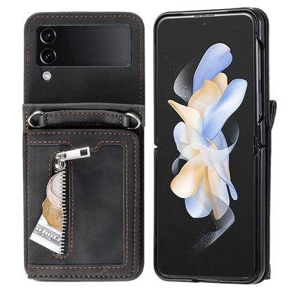 For Samsung Galaxy Z Flip4 5G Kickstand Case Zipper Pocket Leather Cover with Hand Strap and Shoulder Strap