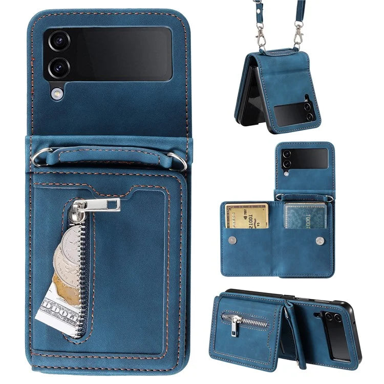 For Samsung Galaxy Z Flip4 5G Kickstand Case Zipper Pocket Leather Cover with Hand Strap and Shoulder Strap
