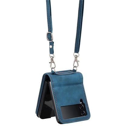 For Samsung Galaxy Z Flip4 5G Kickstand Case Zipper Pocket Leather Cover with Hand Strap and Shoulder Strap