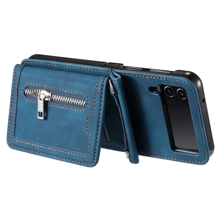 For Samsung Galaxy Z Flip4 5G Kickstand Case Zipper Pocket Leather Cover with Hand Strap and Shoulder Strap
