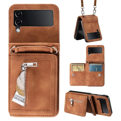 For Samsung Galaxy Z Flip4 5G Kickstand Case Zipper Pocket Leather Cover with Hand Strap and Shoulder Strap