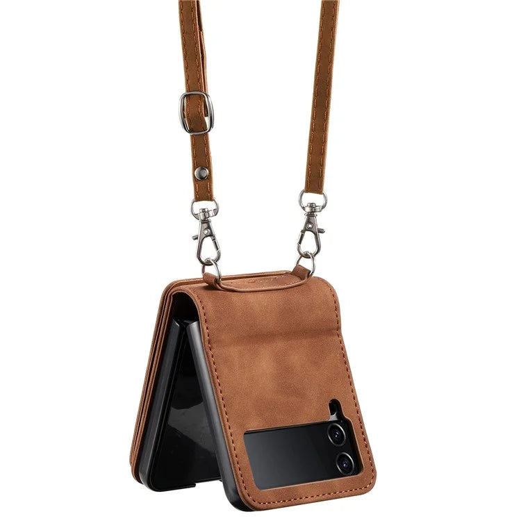 For Samsung Galaxy Z Flip4 5G Kickstand Case Zipper Pocket Leather Cover with Hand Strap and Shoulder Strap