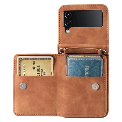 For Samsung Galaxy Z Flip4 5G Kickstand Case Zipper Pocket Leather Cover with Hand Strap and Shoulder Strap