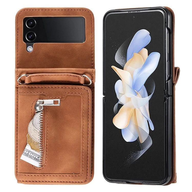 For Samsung Galaxy Z Flip4 5G Kickstand Case Zipper Pocket Leather Cover with Hand Strap and Shoulder Strap