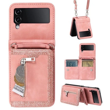 For Samsung Galaxy Z Flip4 5G Kickstand Case Zipper Pocket Leather Cover with Hand Strap and Shoulder Strap