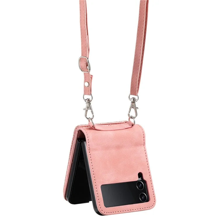 For Samsung Galaxy Z Flip4 5G Kickstand Case Zipper Pocket Leather Cover with Hand Strap and Shoulder Strap