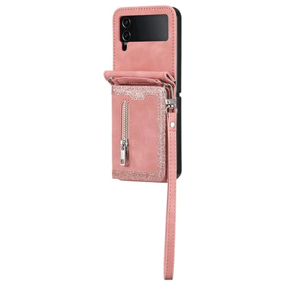 For Samsung Galaxy Z Flip4 5G Kickstand Case Zipper Pocket Leather Cover with Hand Strap and Shoulder Strap