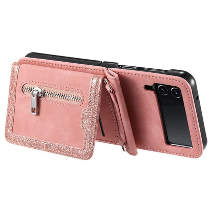 For Samsung Galaxy Z Flip4 5G Kickstand Case Zipper Pocket Leather Cover with Hand Strap and Shoulder Strap