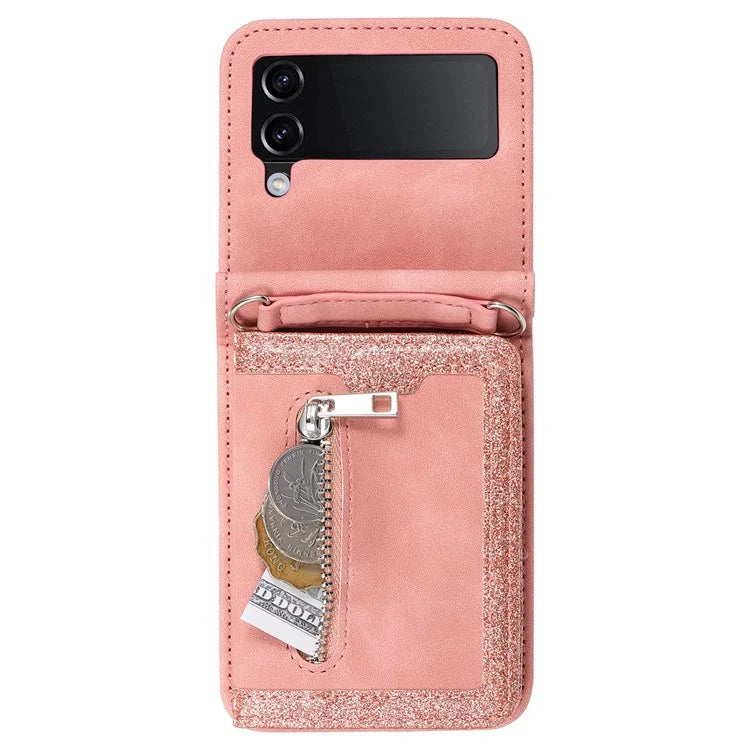 For Samsung Galaxy Z Flip4 5G Kickstand Case Zipper Pocket Leather Cover with Hand Strap and Shoulder Strap