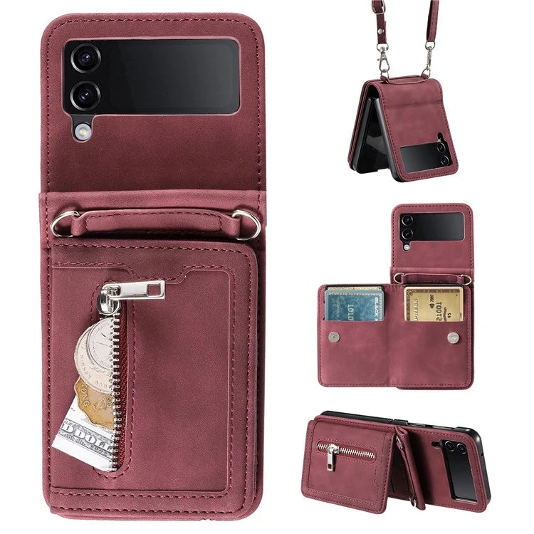 For Samsung Galaxy Z Flip4 5G Kickstand Case Zipper Pocket Leather Cover with Hand Strap and Shoulder Strap