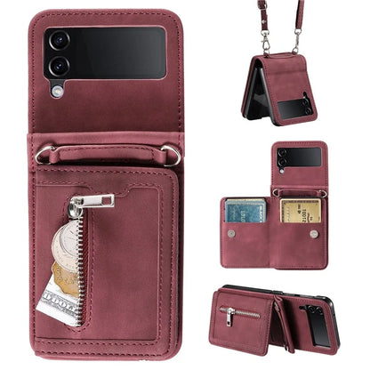 For Samsung Galaxy Z Flip4 5G Kickstand Case Zipper Pocket Leather Cover with Hand Strap and Shoulder Strap