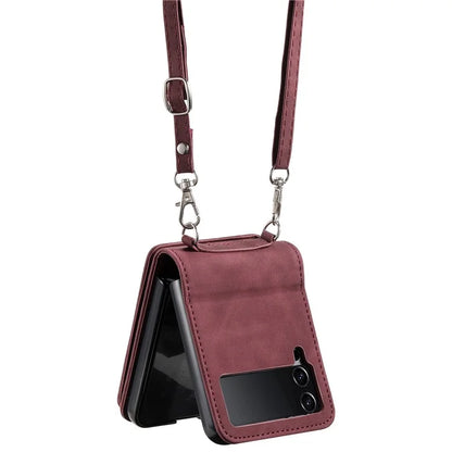 For Samsung Galaxy Z Flip4 5G Kickstand Case Zipper Pocket Leather Cover with Hand Strap and Shoulder Strap