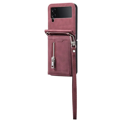 For Samsung Galaxy Z Flip4 5G Kickstand Case Zipper Pocket Leather Cover with Hand Strap and Shoulder Strap