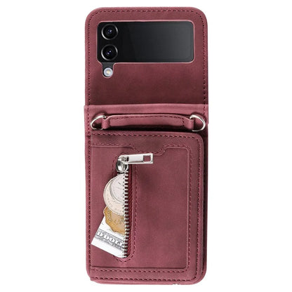 For Samsung Galaxy Z Flip4 5G Kickstand Case Zipper Pocket Leather Cover with Hand Strap and Shoulder Strap