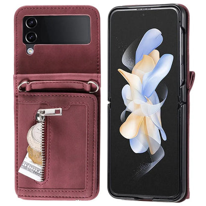 For Samsung Galaxy Z Flip4 5G Kickstand Case Zipper Pocket Leather Cover with Hand Strap and Shoulder Strap