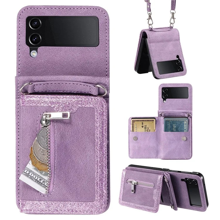 For Samsung Galaxy Z Flip4 5G Kickstand Case Zipper Pocket Leather Cover with Hand Strap and Shoulder Strap