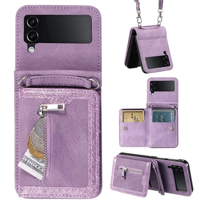 For Samsung Galaxy Z Flip4 5G Kickstand Case Zipper Pocket Leather Cover with Hand Strap and Shoulder Strap