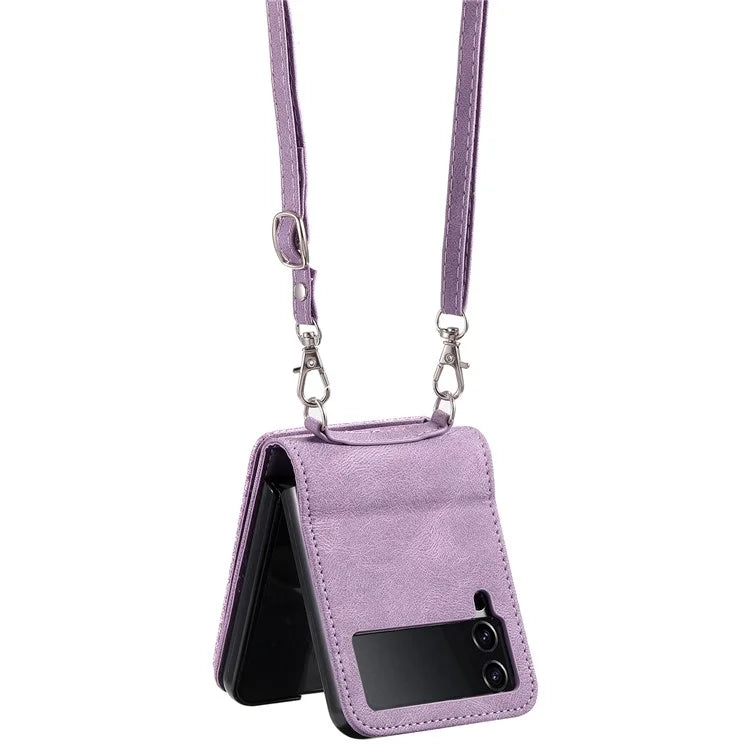 For Samsung Galaxy Z Flip4 5G Kickstand Case Zipper Pocket Leather Cover with Hand Strap and Shoulder Strap