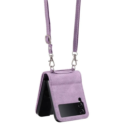 For Samsung Galaxy Z Flip4 5G Kickstand Case Zipper Pocket Leather Cover with Hand Strap and Shoulder Strap