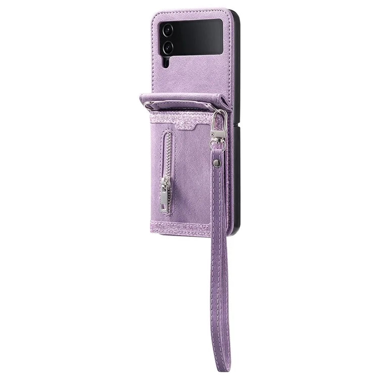 For Samsung Galaxy Z Flip4 5G Kickstand Case Zipper Pocket Leather Cover with Hand Strap and Shoulder Strap