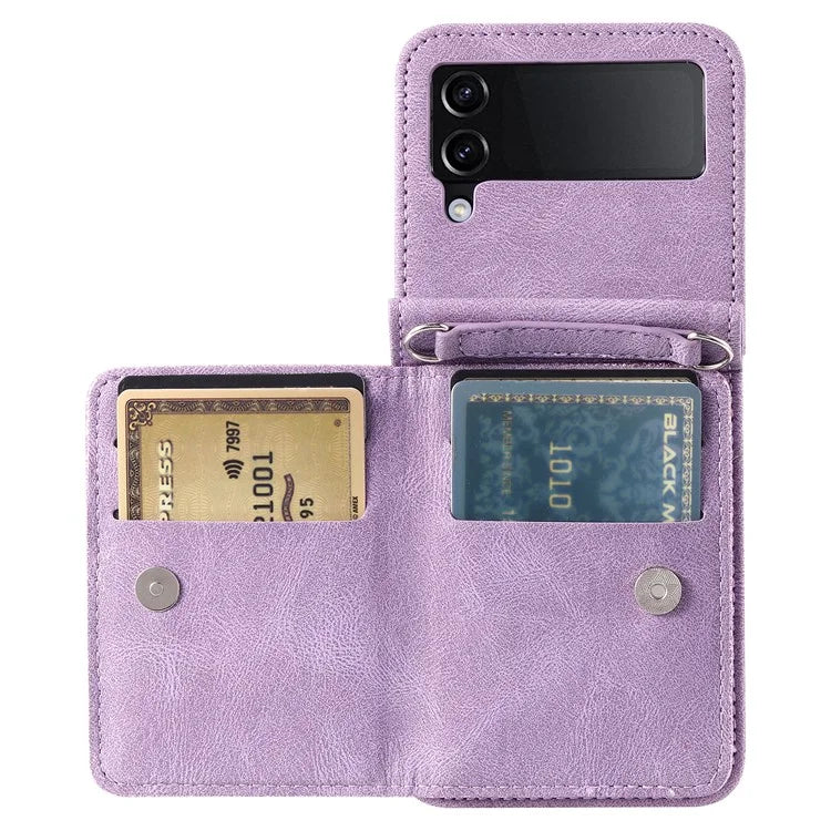 For Samsung Galaxy Z Flip4 5G Kickstand Case Zipper Pocket Leather Cover with Hand Strap and Shoulder Strap