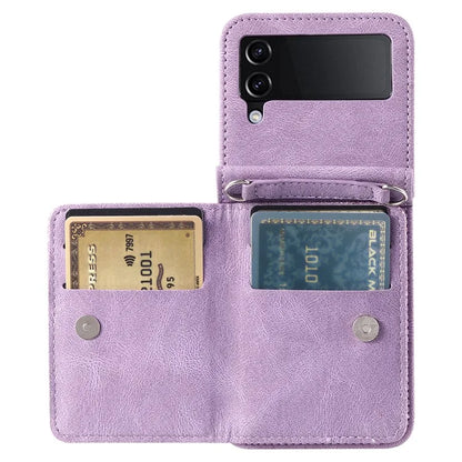 For Samsung Galaxy Z Flip4 5G Kickstand Case Zipper Pocket Leather Cover with Hand Strap and Shoulder Strap