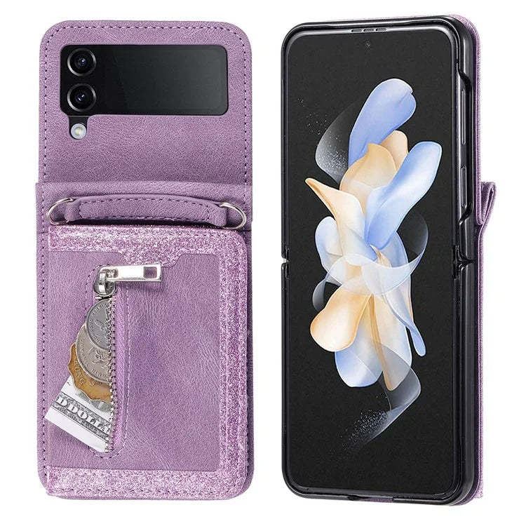 For Samsung Galaxy Z Flip4 5G Kickstand Case Zipper Pocket Leather Cover with Hand Strap and Shoulder Strap