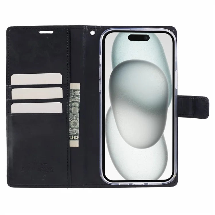 MERCURY GOOSPERY Blue Moon for iPhone 15 Plus Case PU Leather Cover Flip Shell