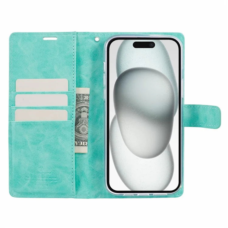 MERCURY GOOSPERY Blue Moon for iPhone 15 Plus Case PU Leather Cover Flip Shell