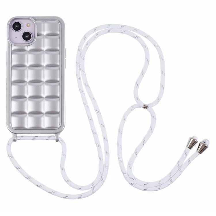For iPhone 15 Case Rugged Grid TPU Phone Cover with Shoulder Strap