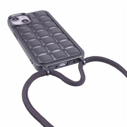 For iPhone 15 Case Rugged Grid TPU Phone Cover with Shoulder Strap